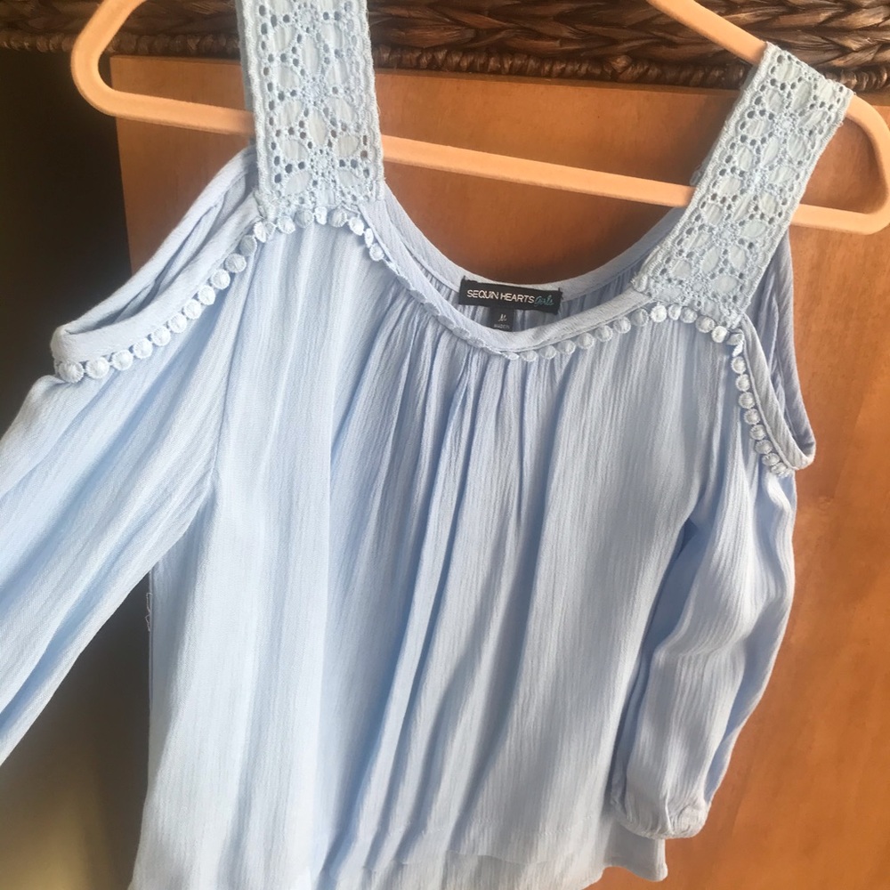 Sequin Hearts Girls Medium Blue Cold Shoulder top